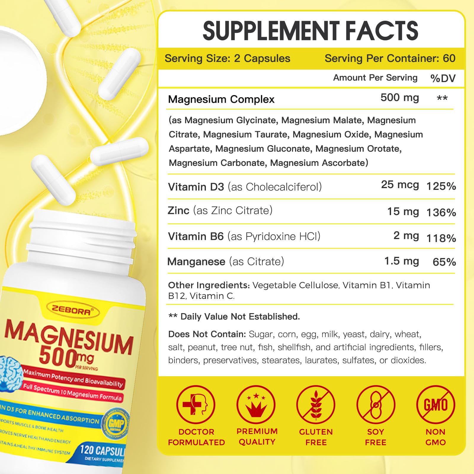 10-in-1 Magnesium Complex Supplement, Magnesium Glycinate 500mg with Citrate & Malate, Chelated High Absorption Plus Vitamin D3 & Zinc - for Nerve, Muscle & Bone Support - 120 Capsules - Maple Wellness Supplements