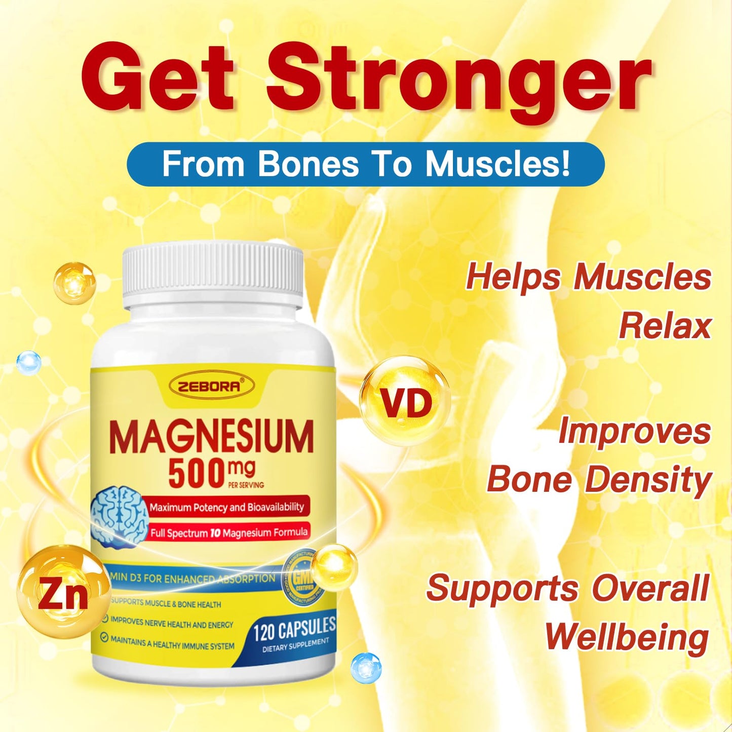 10-in-1 Magnesium Complex Supplement, Magnesium Glycinate 500mg with Citrate & Malate, Chelated High Absorption Plus Vitamin D3 & Zinc - for Nerve, Muscle & Bone Support - 120 Capsules - Maple Wellness Supplements