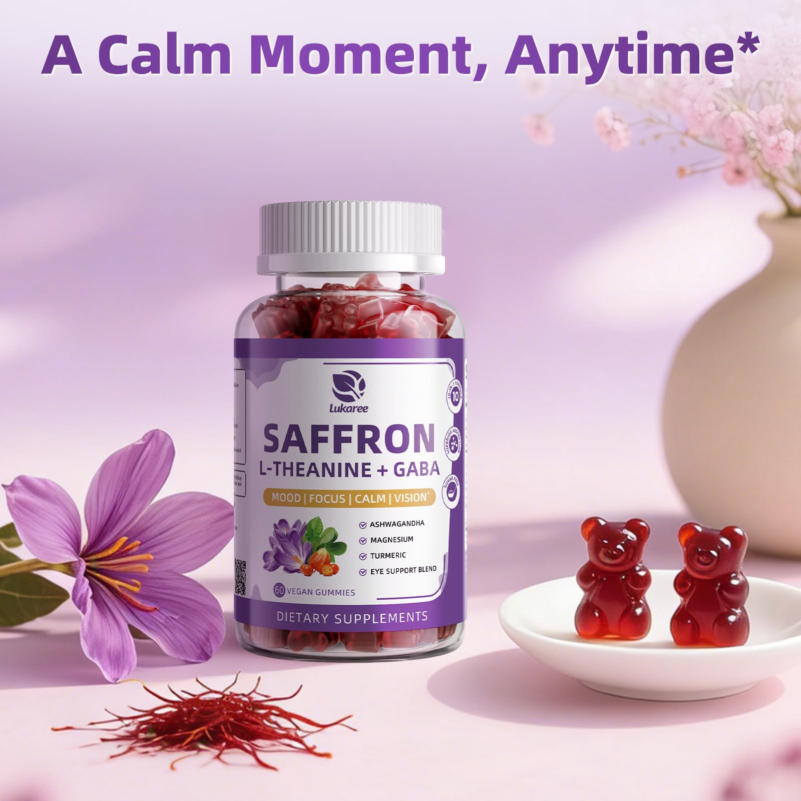 10-in-1 Saffron Supplements Gummies - Saffron Extract 88.5 mg with L-Theanine, GABA, Ashwagandha, Turmeric,Magnesium – Mood, Focus, Vision Support & Cortisol Balance, Sugar Free, Vegan, 60 Counts - Maple Wellness Supplements