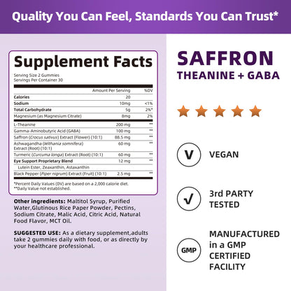 10-in-1 Saffron Supplements Gummies - Saffron Extract 88.5 mg with L-Theanine, GABA, Ashwagandha, Turmeric,Magnesium – Mood, Focus, Vision Support & Cortisol Balance, Sugar Free, Vegan, 60 Counts - Maple Wellness Supplements
