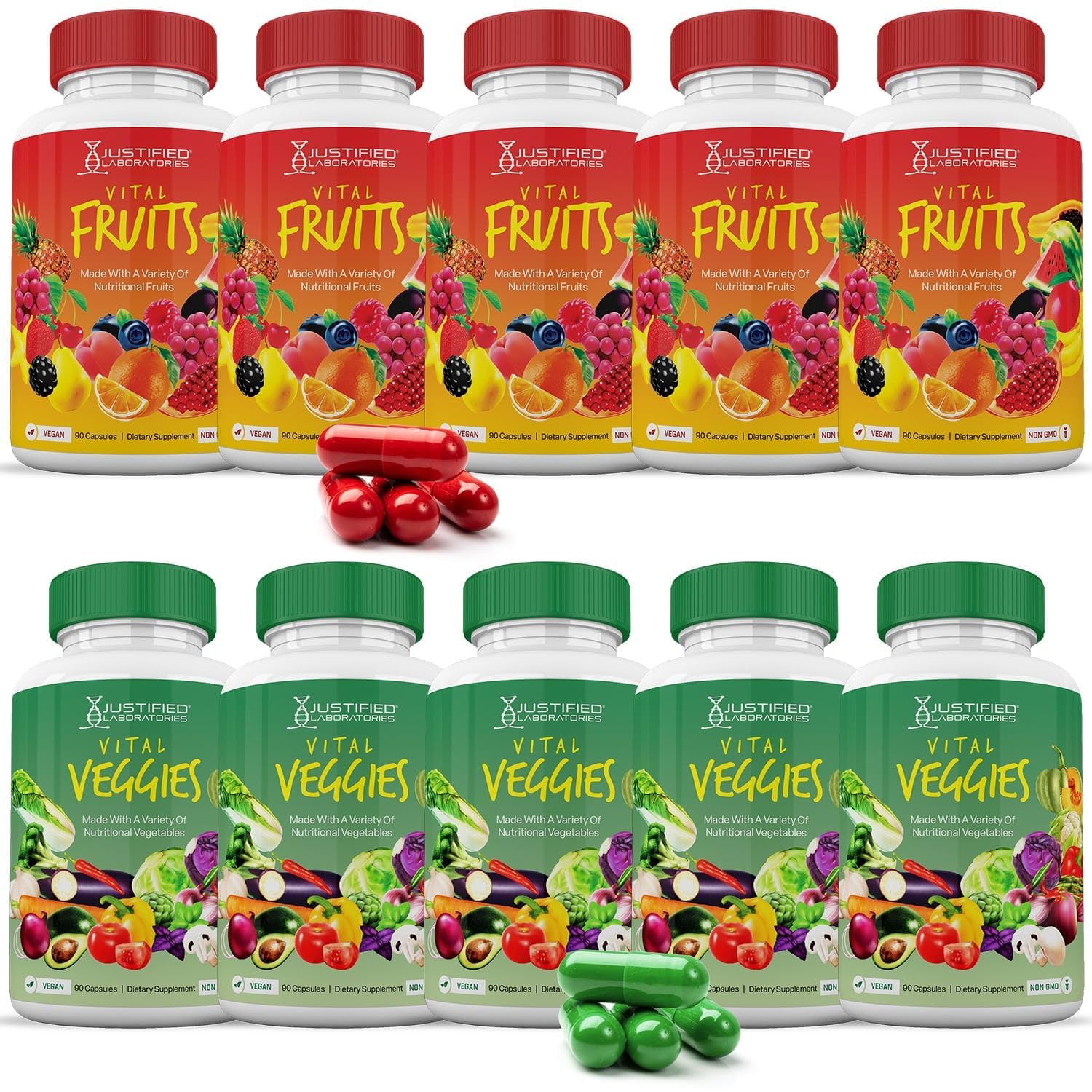 (10 Pack) Vital Fruits and Veggies Supplement Whole Food Red & Green Superfoods Non GMO Vegan Friendly 900 Veggie Capsules 10 Bottles - Maple Wellness Supplements