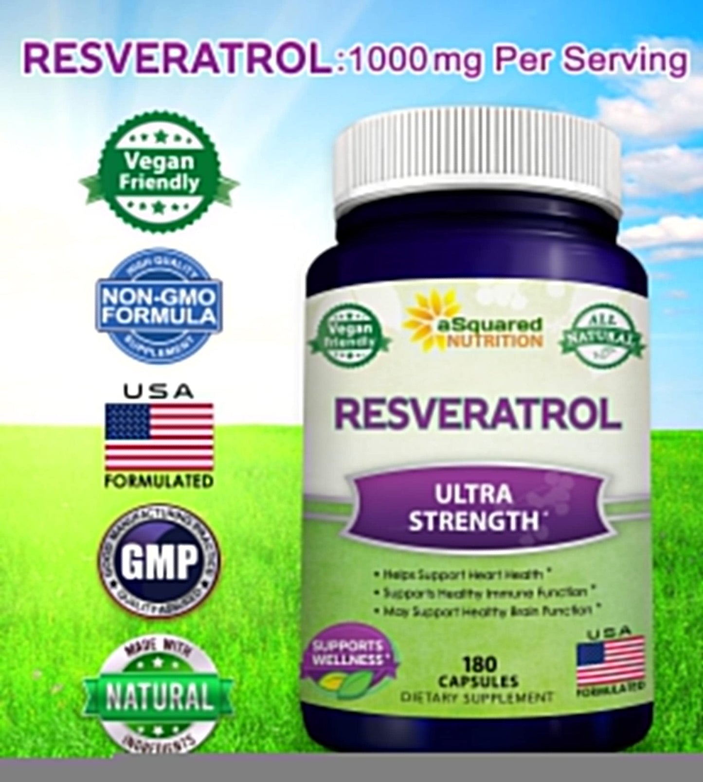 100% Natural Resveratrol - 1000mg Per Serving Max Strength (180 Capsules) Antioxidant Supplement, Trans-Resveratrol Pills - Maple Wellness Supplements