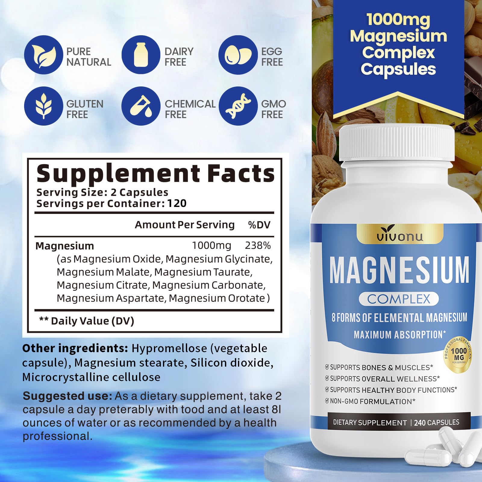 1000mg Magnesium Complex Capsules, 8-in-1 Magnesium Glycinate, Citrate, Malate, Taurate, Oxide, Carbonate, Aspartate, Orotate - 240 Capsules - Maple Wellness Supplements