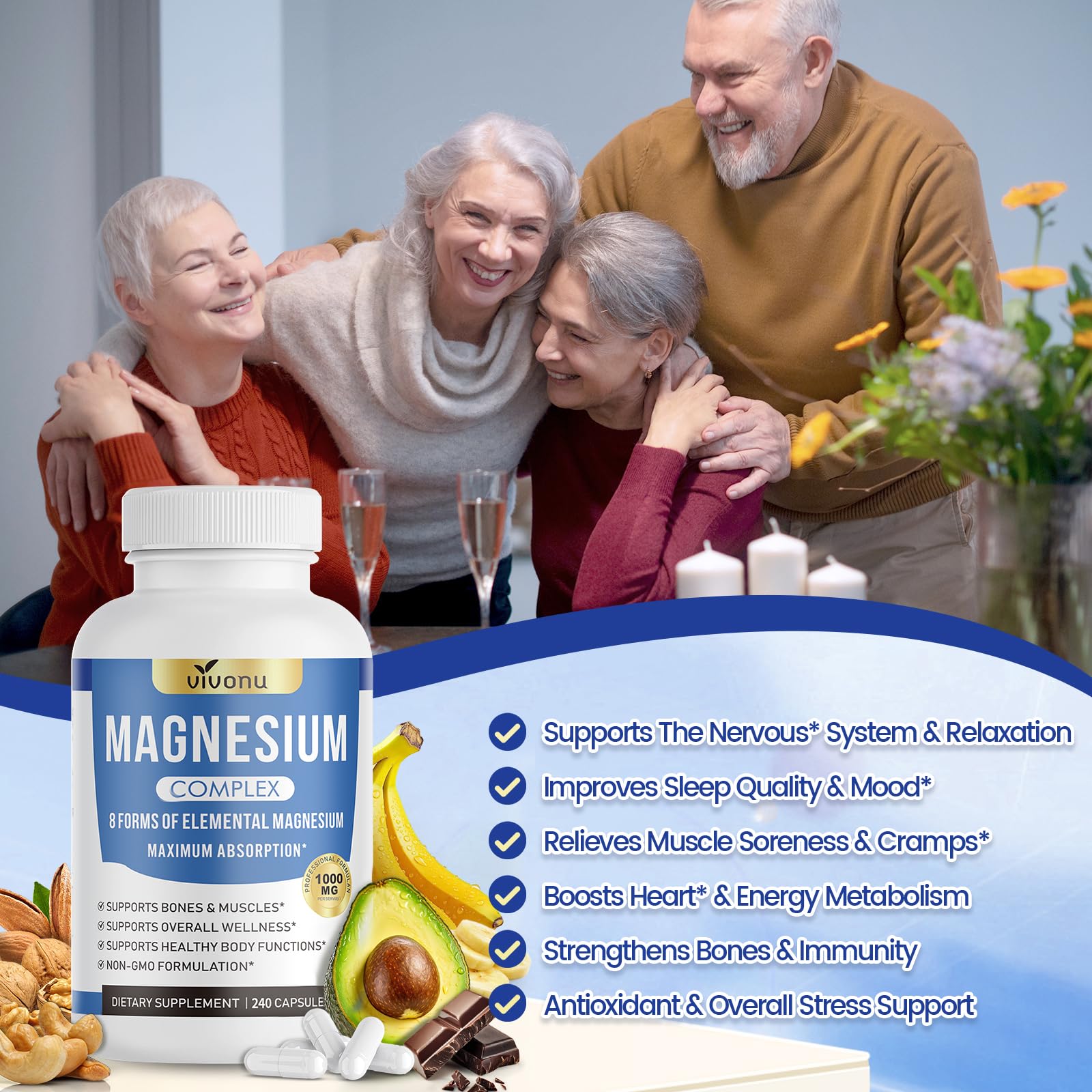 1000mg Magnesium Complex Capsules, 8-in-1 Magnesium Glycinate, Citrate, Malate, Taurate, Oxide, Carbonate, Aspartate, Orotate - 240 Capsules - Maple Wellness Supplements