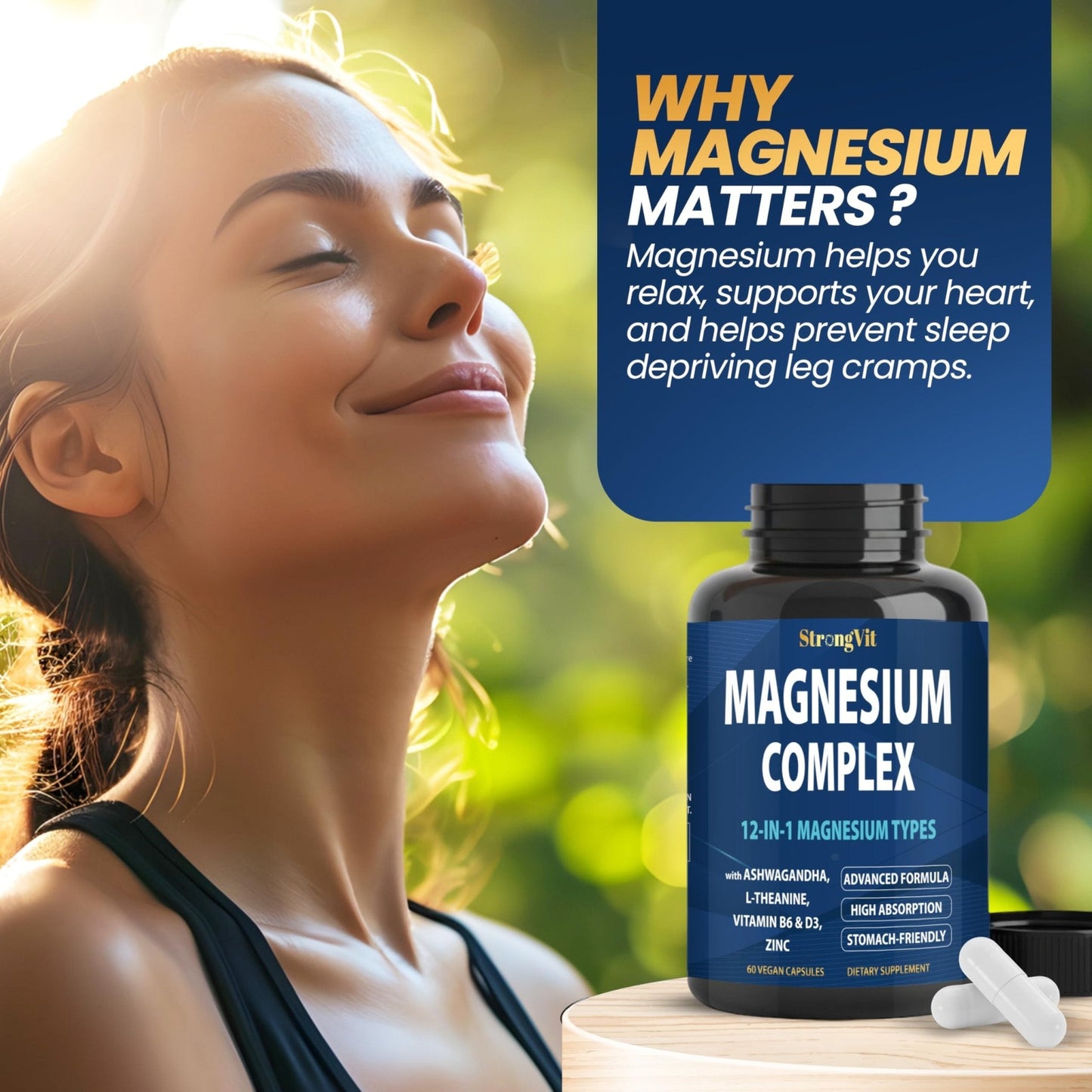 1000mg Magnesium Complex for Women and Men, 12 in 1 Magnesium Supplement with Ashwagandha, Zinc, D3, L-theanine. Easy to Swallow, High Absorption, Sleep Support & Stress Relief (60 Capsules) - Maple Wellness Supplements