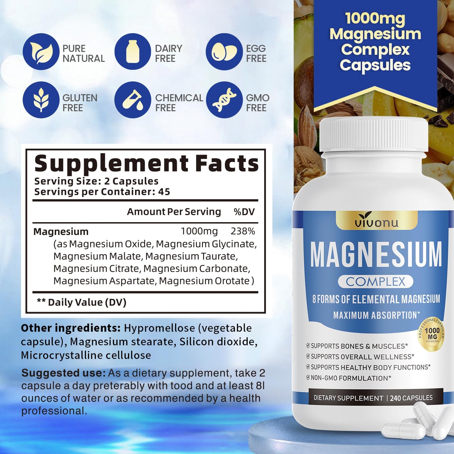 1000mg Magnesium Complex for Women & Men*, 8 Elemental with Magnesium Glycinate, Citrate, Malate, Taurate, Oxide, Carbonate, Aspartate, Orotate for Bones, Muscle - Maple Wellness Supplements