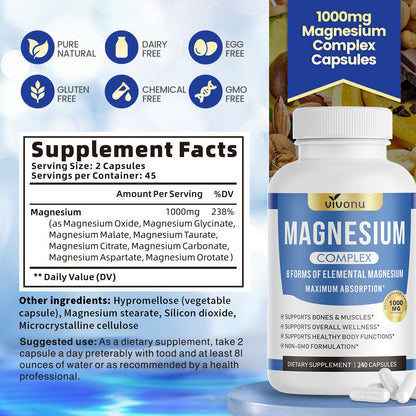 1000mg Magnesium Complex for Women & Men*, 8 Elemental with Magnesium Glycinate, Citrate, Malate, Taurate, Oxide, Carbonate, Aspartate, Orotate for Bones, Muscle - Maple Wellness Supplements