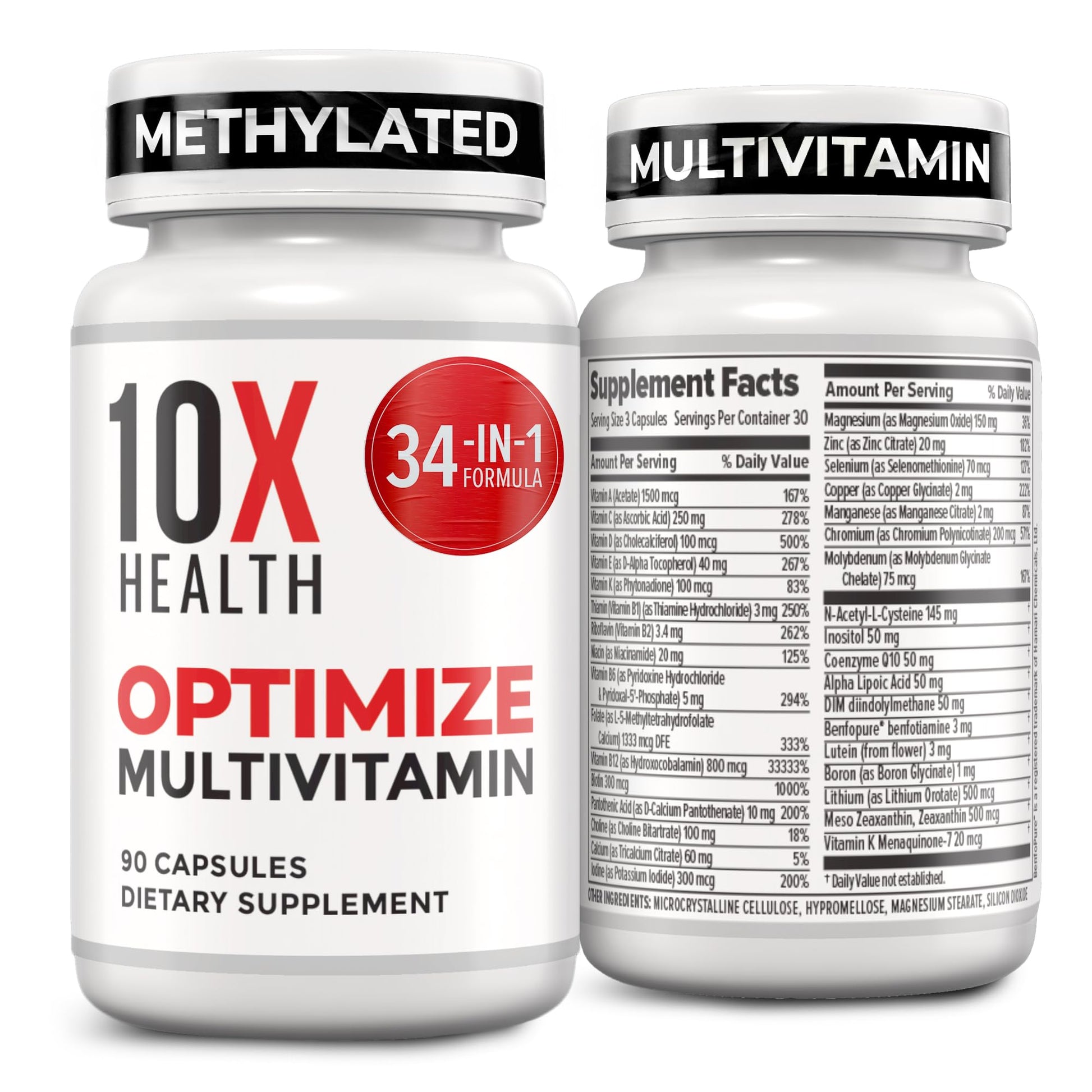 10X Health Optimize Methylated Multivitamin for Men - 90 Capsules, 34 in 1 Formula with 800 mcg of Vitamin B12, 5-MTHF, NAC - Maple Wellness Supplements