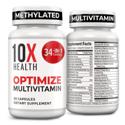 10X Health Optimize Methylated Multivitamin for Men - 90 Capsules, 34 in 1 Formula with 800 mcg of Vitamin B12, 5-MTHF, NAC - Maple Wellness Supplements