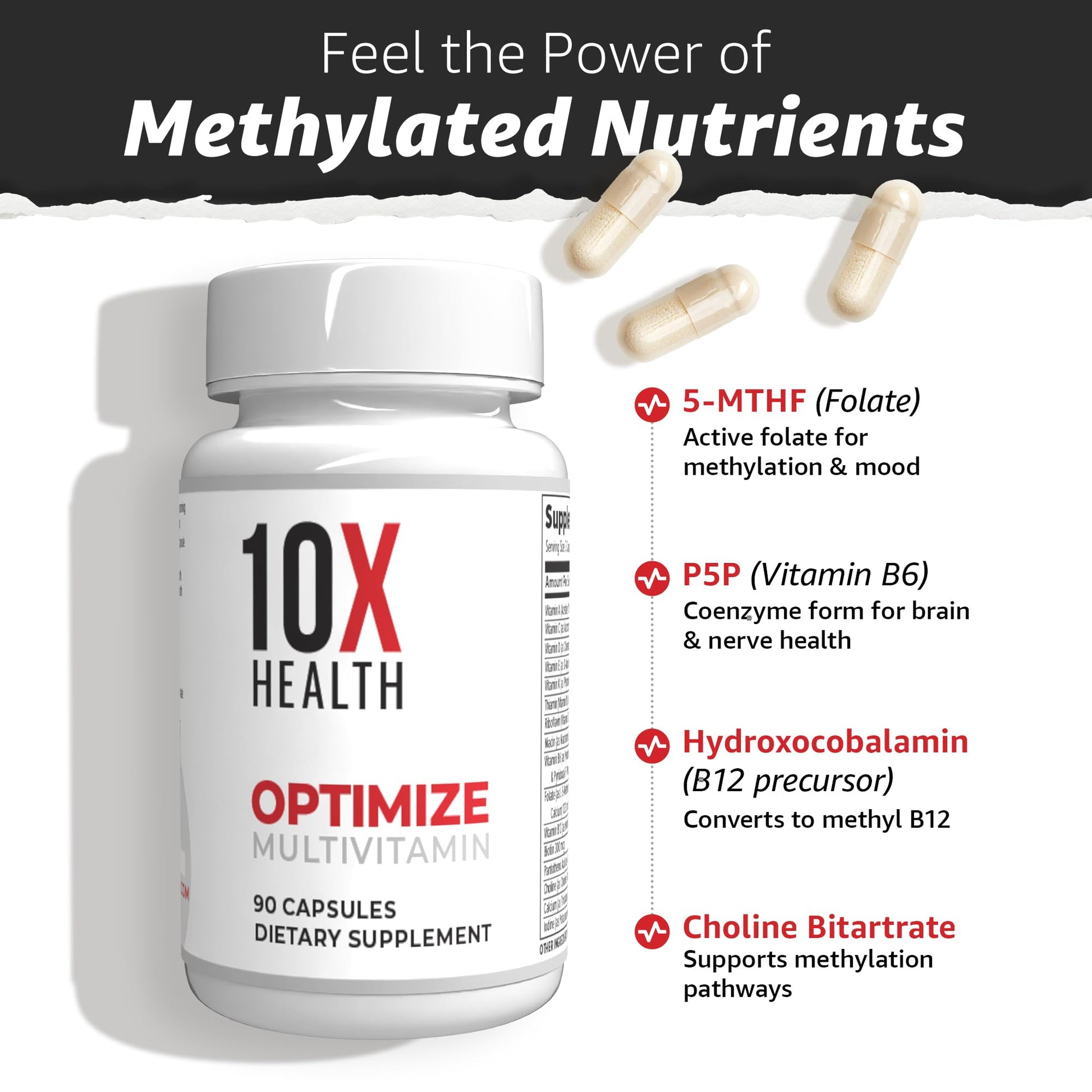 10X Health Optimize Methylated Multivitamin for Men - 90 Capsules, 34 in 1 Formula with 800 mcg of Vitamin B12, 5-MTHF, NAC - Maple Wellness Supplements