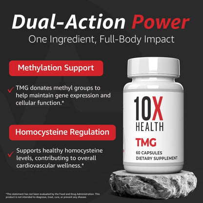 10X Health TMG Supplements - Trimethylglycine Supplement for Liver Support, Heart Wellness, Energy, Homocysteine Levels - TMG Capsules with Betaine Anhydrous - Maple Wellness Supplements