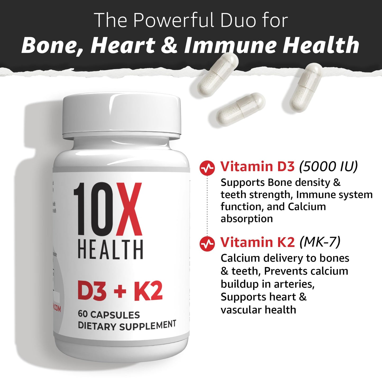 10X Health Vitamin D3 5000 IU & K2 MK7 - Menaquinone 7, High-Potency D3 K2 Vitamin Supplement for Bone Health, Heart and Teeth - 125 mcg Vitamin D & 90 mcg Vitamin K2-60 Capsules - Maple Wellness Supplements