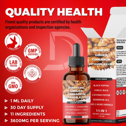 11in1 Liquid Turmeric Supplement – with Ginger, Garlic, Ceylon Cinnamon, Berberine, Ginseng, Apple Cider Vinegar – 1 Fl Oz – 30 Servings - Maple Wellness Supplements