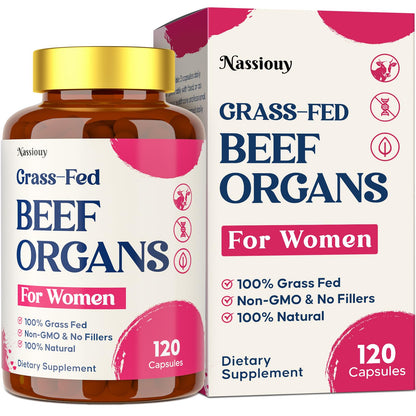 12-In-1 Beef Organ Supplement for Women - Beef Liver, Uterus, Kidney, Heart, Pancreas, 5 Vitamins & 2 Herbs, Hormone Balance, Menstruation, Energy, Immune - 100% Grass Fed, Pasture Raise - 120 Caps - Maple Wellness Supplements