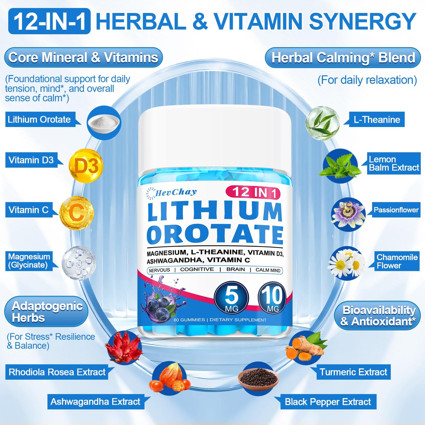 12-in-1 Lithium Orotate 5mg 10mg with Ashwagandha & L-Theanine, Lithium Orotate for Mood, Calm, Cognitive & Brain, High Bioavailability Trace Mineral, Lemon Balm - Maple Wellness Supplements
