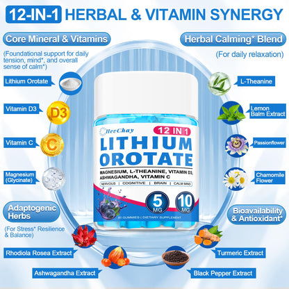12-in-1 Lithium Orotate 5mg 10mg with Ashwagandha & L-Theanine, Lithium Orotate for Mood, Calm, Cognitive & Brain, High Bioavailability Trace Mineral, Lemon Balm - Maple Wellness Supplements