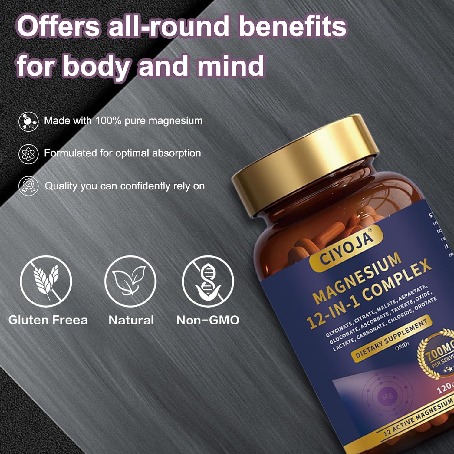12 in 1 Magnesium Complex 700mg: Magnesium Supplement with Glycinate, Citrate, Malate, Taurate, High Absorption Magnesium for Sleep, Muscle Recovery, Nerve & Heart Support, Vegan, 120 Capsules - Maple Wellness Supplements