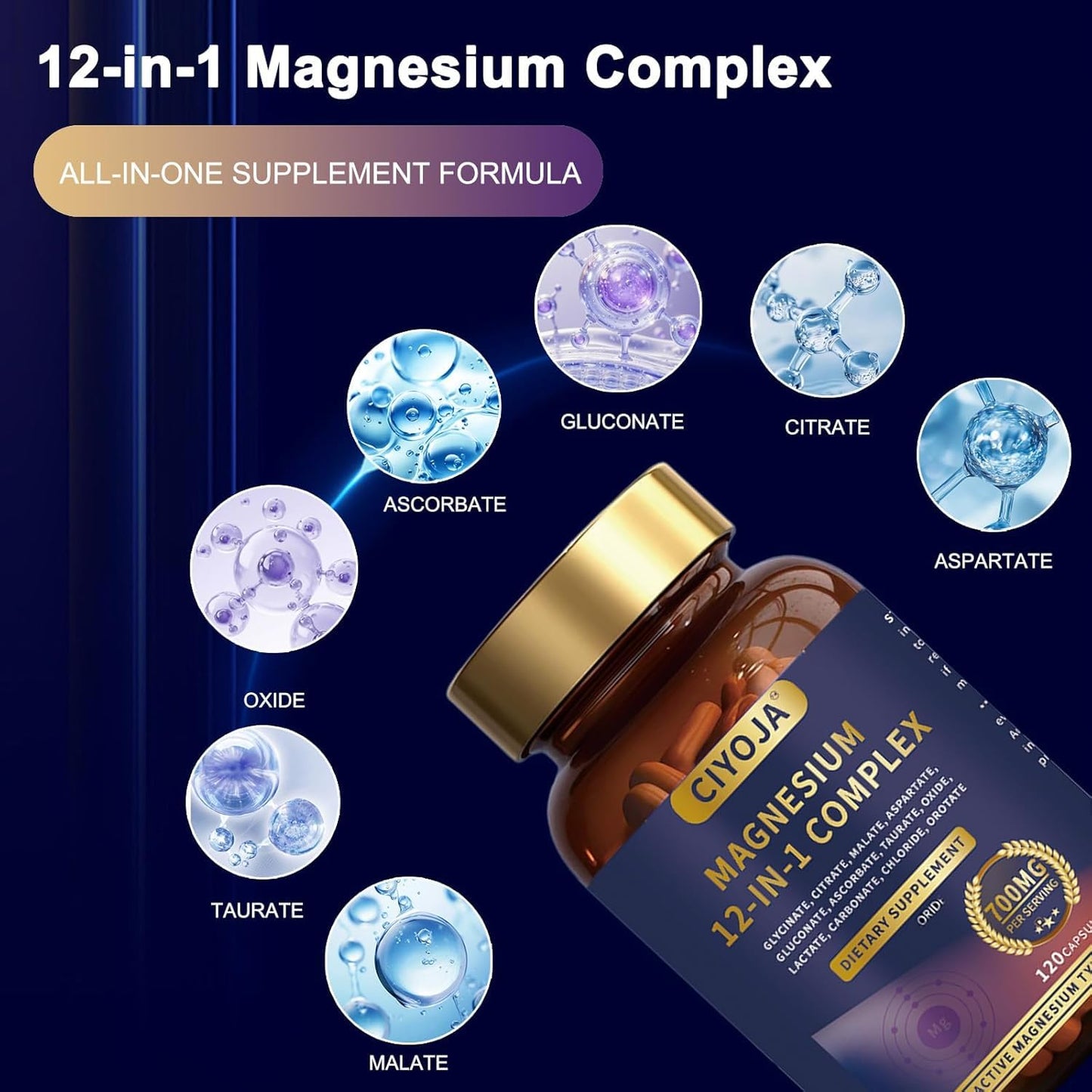 12 in 1 Magnesium Complex 700mg: Magnesium Supplement with Glycinate, Citrate, Malate, Taurate, High Absorption Magnesium for Sleep, Muscle Recovery, Nerve & Heart Support, Vegan, 120 Capsules - Maple Wellness Supplements