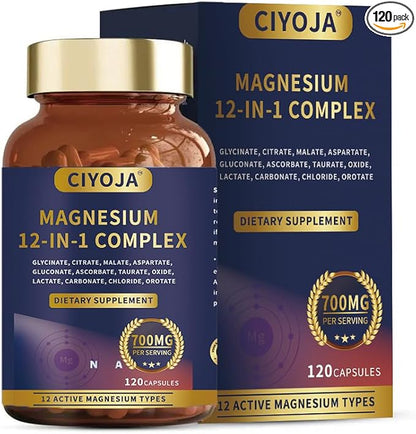 12-in-1 Magnesium Complex for Women Men: Magnesium Glycinate 700mg with Citrate, Malate Taurate Chelated Forms - High Absorption Magnesium Supplement for Relaxation Muscle Heart - 120 Vegan Capsules - Maple Wellness Supplements