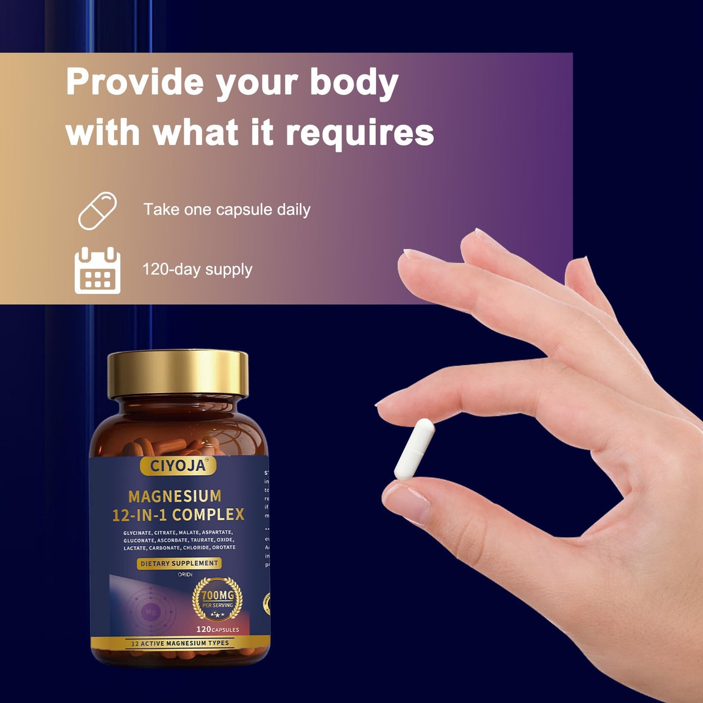 12-in-1 Magnesium Complex for Women Men: Magnesium Glycinate 700mg with Citrate, Malate Taurate Chelated Forms - High Absorption Magnesium Supplement for Relaxation Muscle Heart - 120 Vegan Capsules - Maple Wellness Supplements