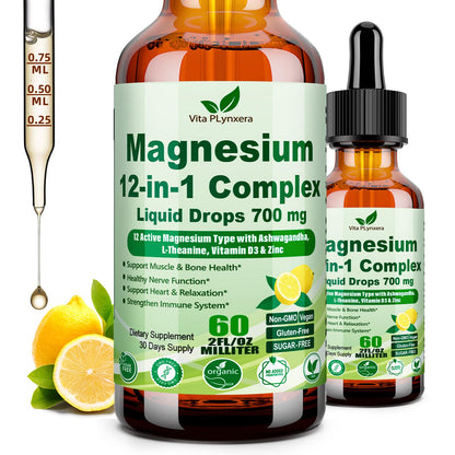 12-in-1 Magnesium Complex Liquid Drops, Chelated Magnesium Citrate Glycinate Taurate Malate Aspartate w. Ashwagandha Theanine D3 & Zinc for Relaxation Sleep Immune Health & Muscle Function丨Women Men. - Maple Wellness Supplements