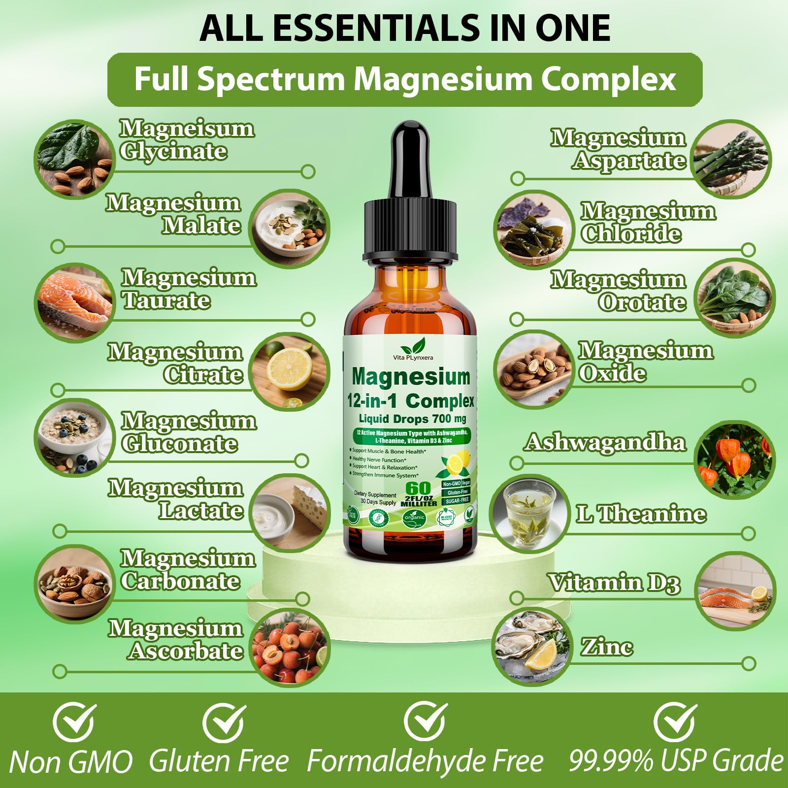 12-in-1 Magnesium Complex Liquid Drops, Chelated Magnesium Citrate Glycinate Taurate Malate Aspartate w. Ashwagandha Theanine D3 & Zinc for Relaxation Sleep Immune Health & Muscle Function丨Women Men. - Maple Wellness Supplements