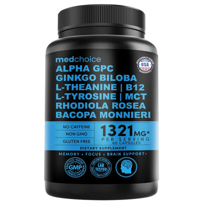 12-in-1 Nootropic Brain Supplement Anhydrous: Ginkgo Biloba for Brain Support, Memory and Focus - B12, Alpha GPC, L Theanine and Choline Supplements with Bioperine Non Caffeinated 1321mg (60ct) - Maple Wellness Supplements