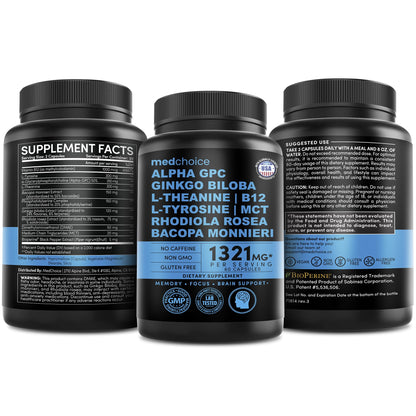 12-in-1 Nootropic Brain Supplement Anhydrous: Ginkgo Biloba for Brain Support, Memory and Focus - B12, Alpha GPC, L Theanine and Choline Supplements with Bioperine Non Caffeinated 1321mg (60ct) - Maple Wellness Supplements