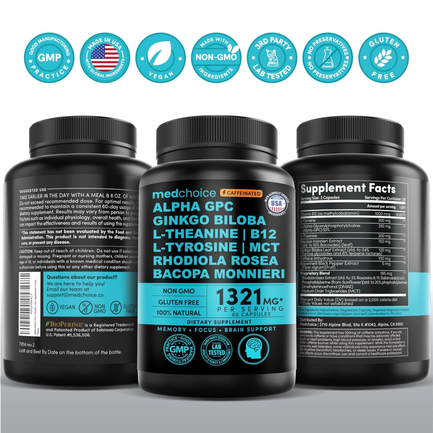 12-in-1 Nootropic Brain Supplement with Caffeine Anhydrous: Ginkgo Biloba for Brain Support, Memory and Focus - B12, Alpha GPC, L Theanine and Choline Supplements with Bioperine with 1321mg (60ct) - Maple Wellness Supplements