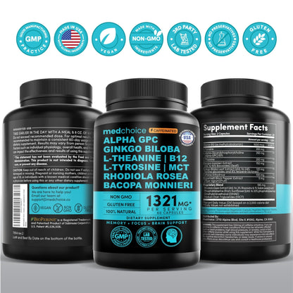 12-in-1 Nootropic Brain Supplement with Caffeine Anhydrous: Ginkgo Biloba for Brain Support, Memory and Focus - B12, Alpha GPC, L Theanine and Choline Supplements with Bioperine with 1321mg (60ct) - Maple Wellness Supplements