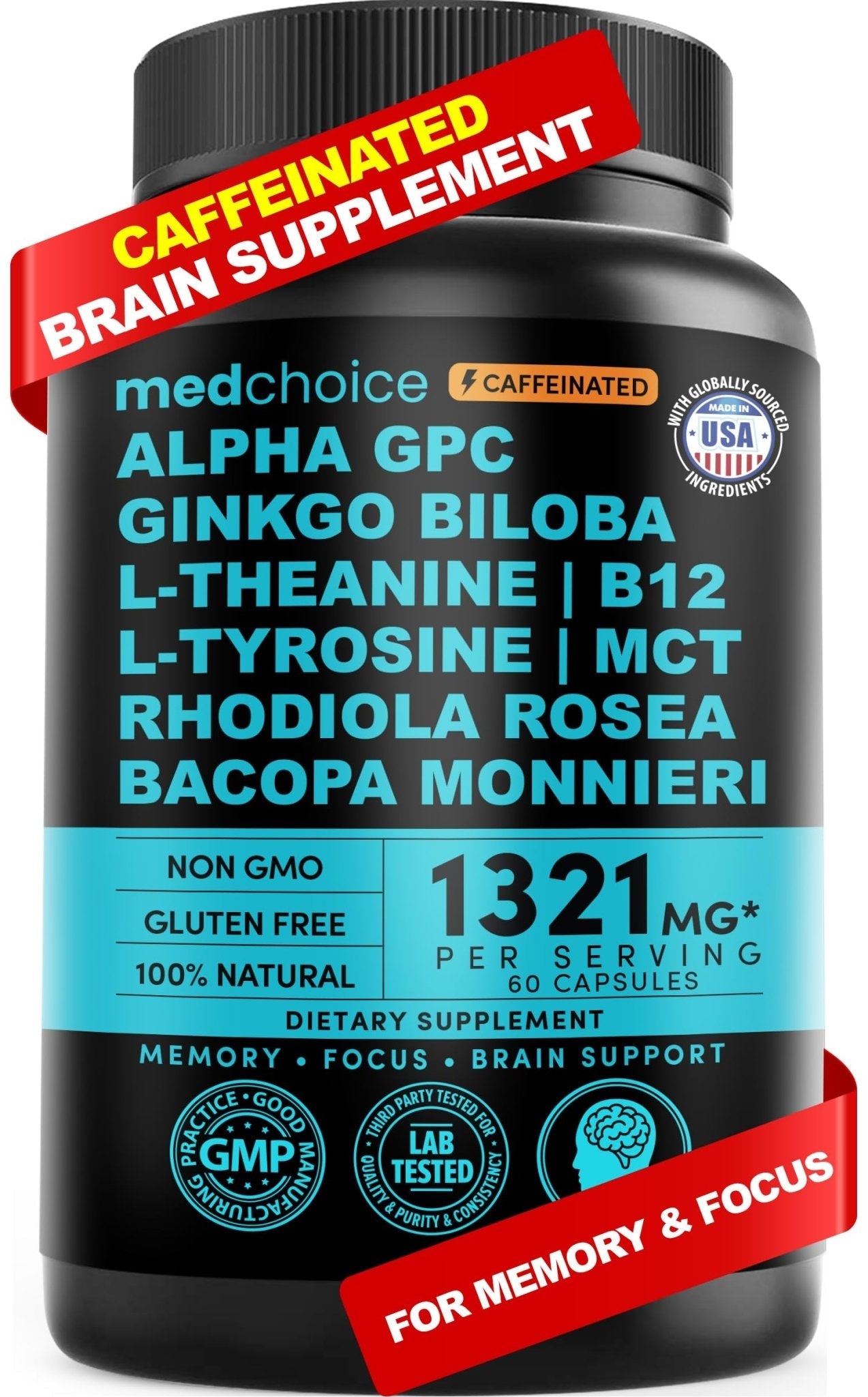 12-in-1 Nootropic Brain Supplement with Caffeine Anhydrous: Ginkgo Biloba for Brain Support, Memory and Focus - B12, Alpha GPC, L Theanine and Choline Supplements with Bioperine with 1321mg (60ct) - Maple Wellness Supplements