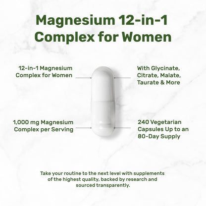 12‑in‑1 Magnesium Complex for Women 1,000 mg, 240 Vegetarian Capsules | Magnesium Glycinate, Citrate, Malate, Taurate, Orotate, Oxide & More | Chelated & Purified for Better Absorption - Maple Wellness Supplements
