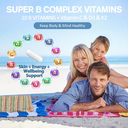 13-in-1 Vitamin B Complex Plus with Vitamin B1, B2, B3 (Niacinamide), B4, B5, B6, B7 (Biotin), B8 (Inositol), B9 (Folate), B12, C, D3, K2 - Energy, Nerve, - Maple Wellness Supplements