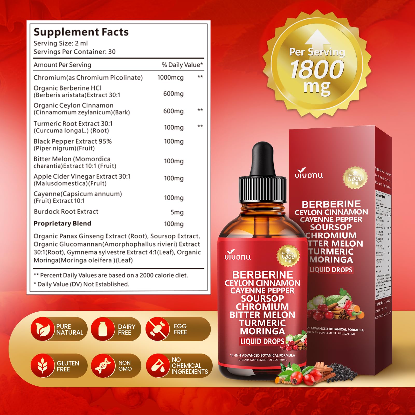 14-in-1 Berberine with Ceylon Cinnamon Supplement Liquid Drops, 1800mg + 30:1 Liposomal Tech with Cayenne Pepper, Soursop, Chromium, Bitter Melon, Turmeric, Moringa, Gymnema - Maple Wellness Supplements