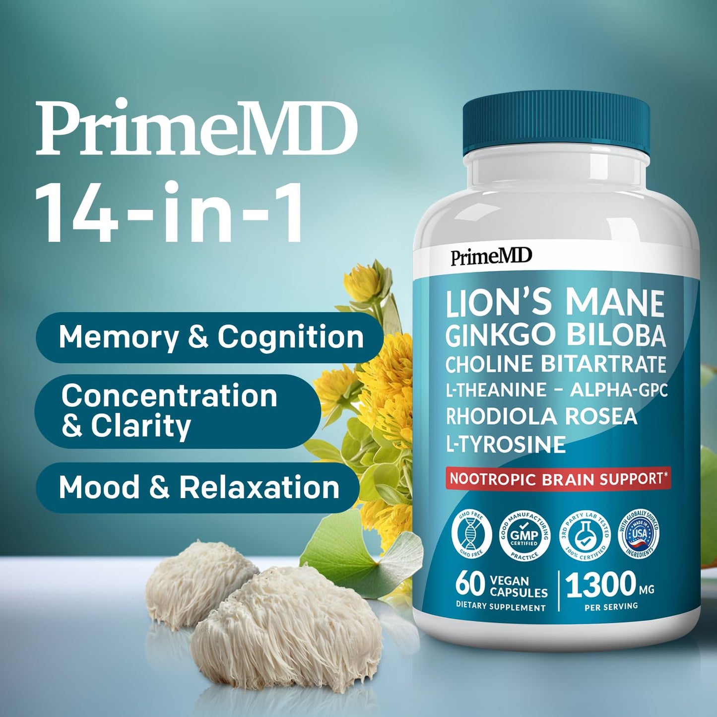 14-in-1 Lions Mane Supplement Capsules - Nootropic Brain Supplement with Ginkgo Biloba for Brain Support, Memory and Focus - Alpha GPC, L Theanine & Choline Supplements with 1300mg Per Serving (60 ct) - Maple Wellness Supplements