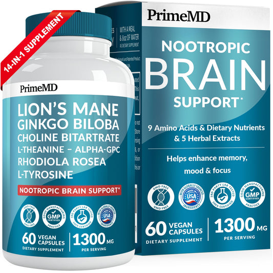14-in-1 Lions Mane Supplement Capsules - Nootropic Brain Supplement with Ginkgo Biloba for Brain Support, Memory and Focus - Alpha GPC, L Theanine & Choline Supplements with 1300mg Per Serving (60 ct) - Maple Wellness Supplements