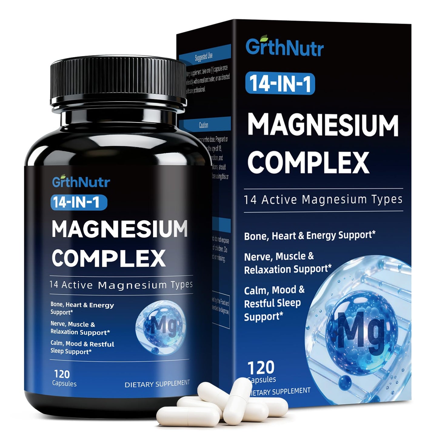 14-in-1 Magnesium Complex Supplement, 1200mg Elemental Magnesium Glycinate, Citrate, Malate, Taurate - Magnesium Complex for Women Nerves, Bone & Heart Health | Non-GMO - Maple Wellness Supplements