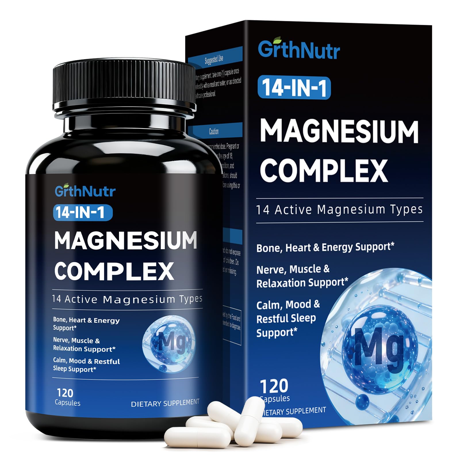 14-in-1 Magnesium Complex Supplement, 1200mg Elemental Magnesium Glycinate, Citrate, Malate, Taurate - Magnesium Complex for Women Nerves, Bone & Heart Health | Non-GMO - Maple Wellness Supplements
