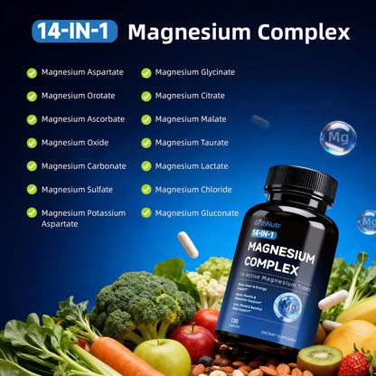 14-in-1 Magnesium Complex Supplement, 1200mg Elemental Magnesium Glycinate, Citrate, Malate, Taurate - Magnesium Complex for Women Nerves, Bone & Heart Health | Non-GMO - Maple Wellness Supplements