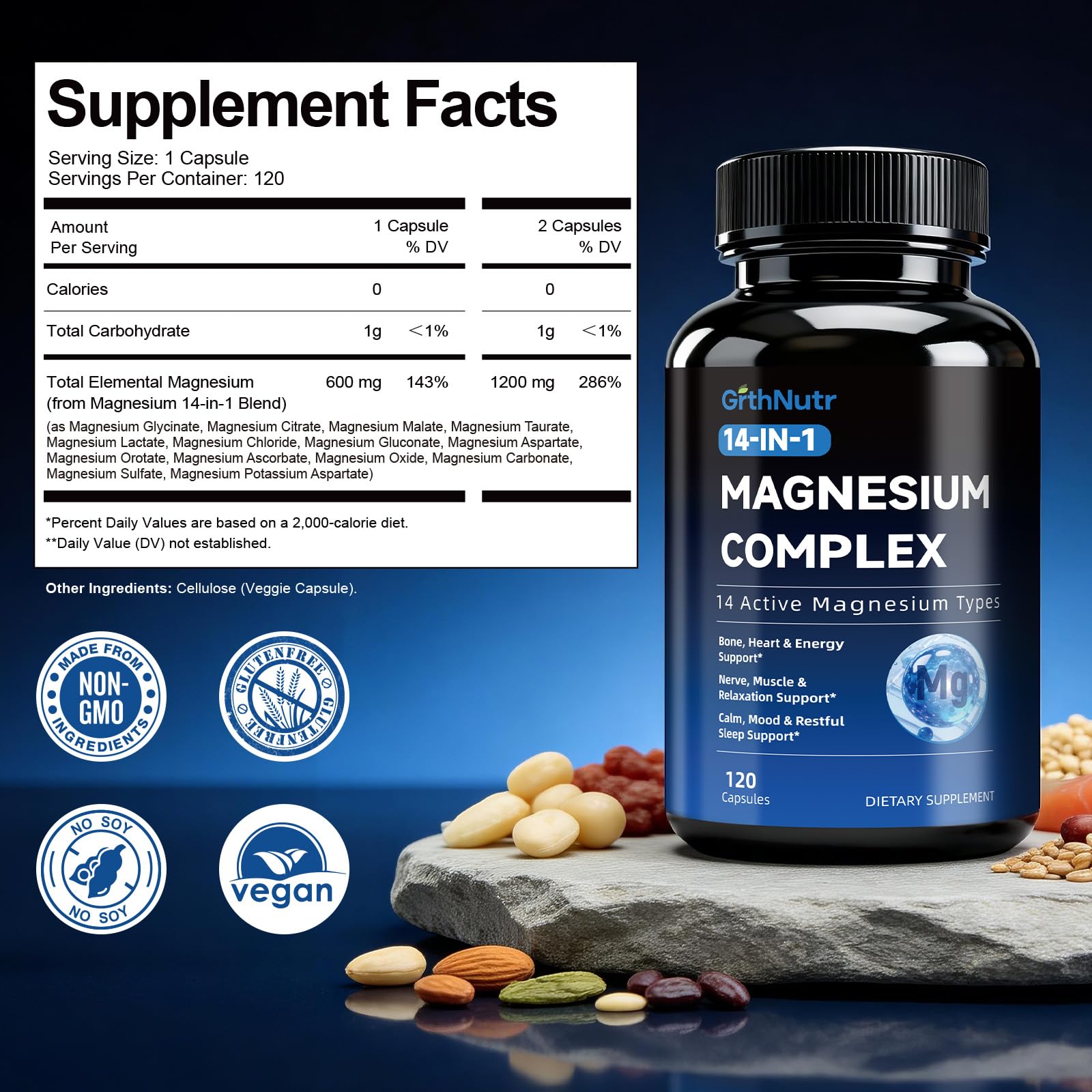 14-in-1 Magnesium Complex Supplement, 1200mg Elemental Magnesium Glycinate, Citrate, Malate, Taurate - Magnesium Complex for Women Nerves, Bone & Heart Health | Non-GMO - Maple Wellness Supplements