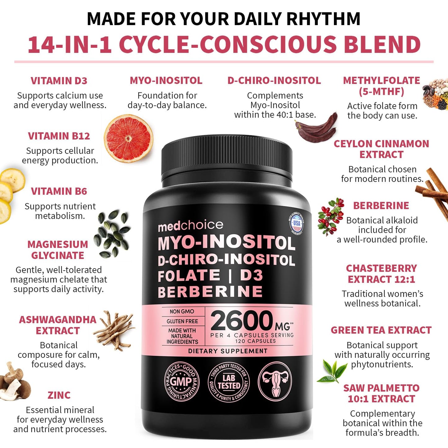 14-in-1 Women’s Inositol Complex Supplement – 40:1 Myo & D-Chiro Inositol with Folate, Vitamin D3, Zinc, Magnesium & Botanicals for Hormone - Maple Wellness Supplements