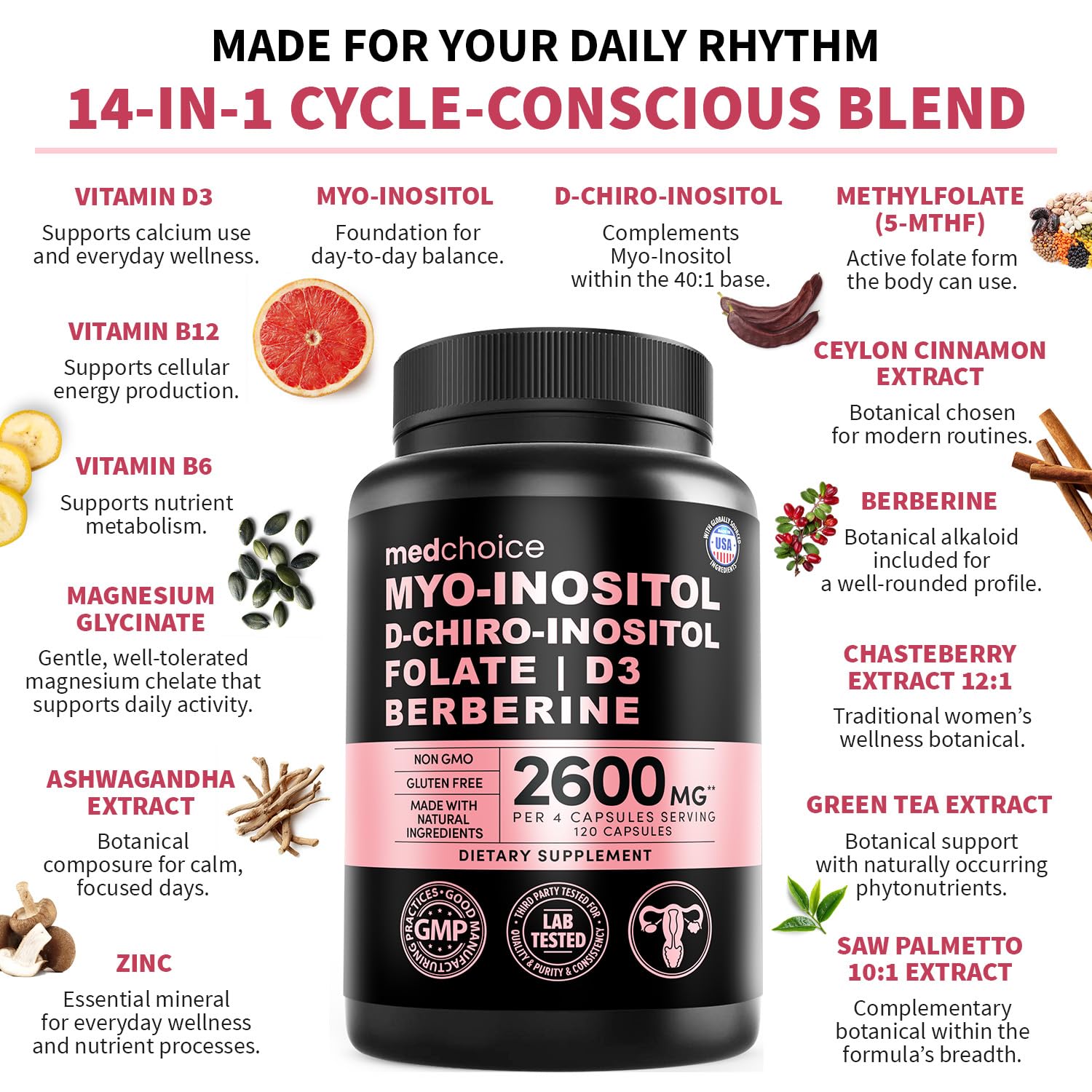 14-in-1 Women’s Inositol Complex Supplement – 40:1 Myo & D-Chiro Inositol with Folate, Vitamin D3, Zinc, Magnesium & Botanicals for Hormone - Maple Wellness Supplements