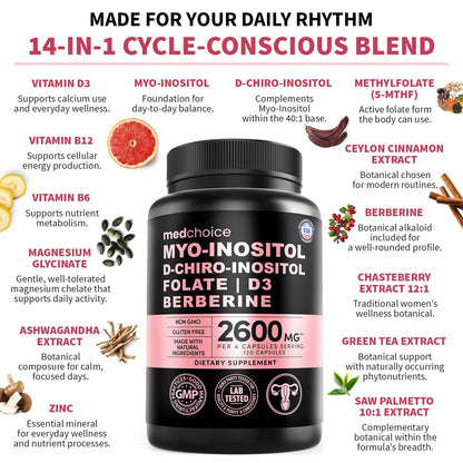 14-in-1 Women’s Inositol Complex Supplement – 40:1 Myo & D-Chiro Inositol with Folate, Vitamin D3, Zinc, Magnesium & Botanicals for Hormone - Maple Wellness Supplements