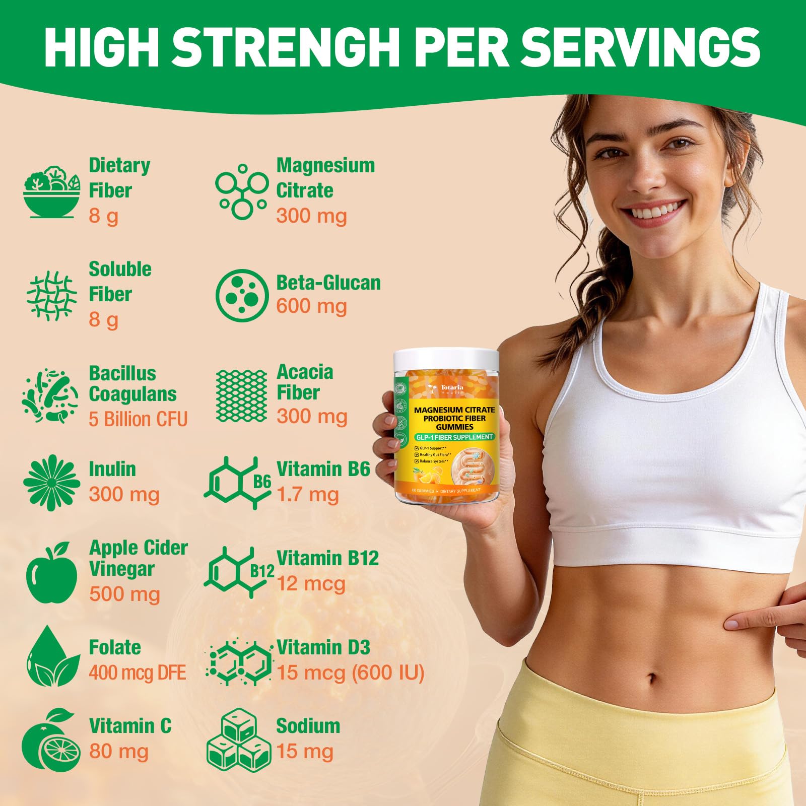 15-in-1 Magnesium Citrate Fiber Gummies with Probiotic Prebiotic for Digestion, Fiber Supplement with Magnesium Citrate 300mg, Apple Cider Vinegar 500mg, Acacia, B6, B12, 60 Orange Vegan Gummies - Maple Wellness Supplements