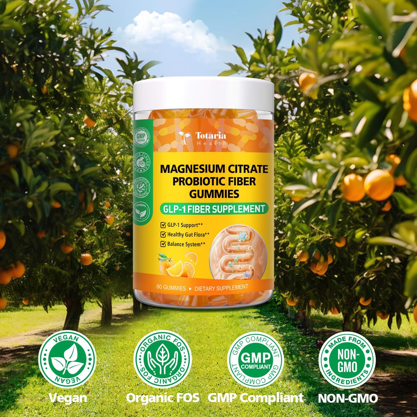 15-in-1 Magnesium Citrate Fiber Gummies with Probiotic Prebiotic for Digestion, Fiber Supplement with Magnesium Citrate 300mg, Apple Cider Vinegar 500mg, Acacia, B6, B12, 60 Orange Vegan Gummies - Maple Wellness Supplements