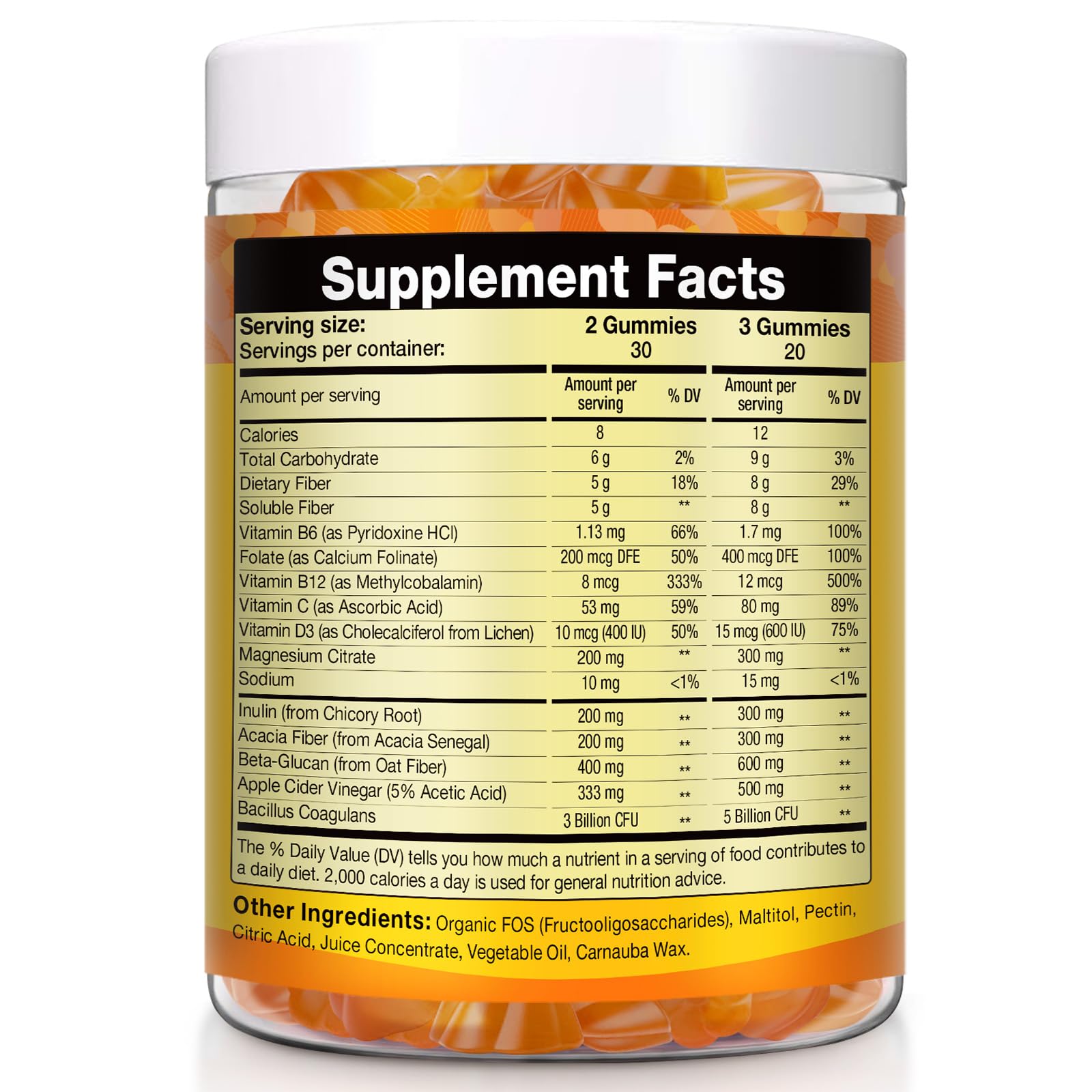 15-in-1 Magnesium Citrate Fiber Gummies with Probiotic Prebiotic for Digestion, Fiber Supplement with Magnesium Citrate 300mg, Apple Cider Vinegar 500mg, Acacia, B6, B12, 60 Orange Vegan Gummies - Maple Wellness Supplements