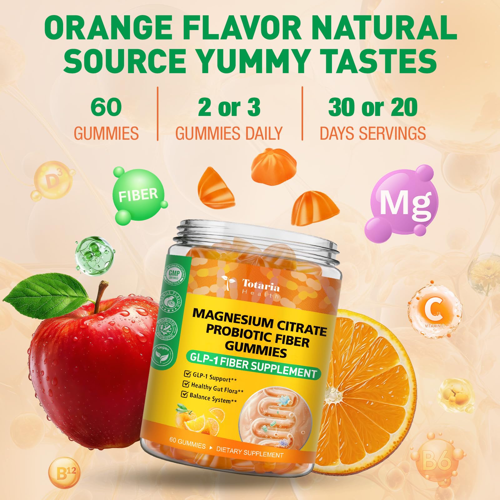 15-in-1 Magnesium Citrate Fiber Gummies with Probiotic Prebiotic for Digestion, Fiber Supplement with Magnesium Citrate 300mg, Apple Cider Vinegar 500mg, Acacia, B6, B12, 60 Orange Vegan Gummies - Maple Wellness Supplements