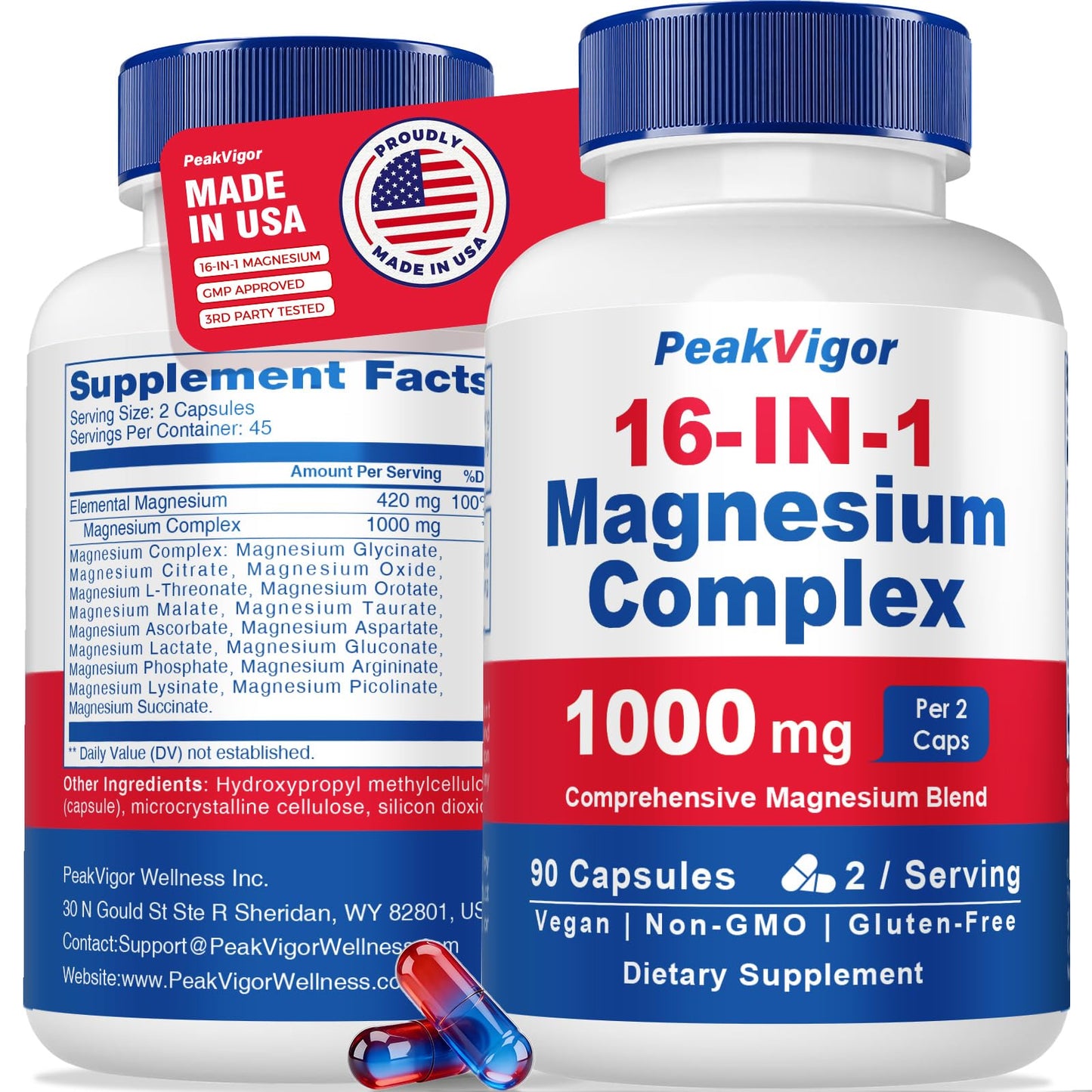 16 in 1 Magnesium Complex, 1000mg Magnesium Complex Supplement for Women with Magnesium Glycinate, Citrate, Orotate, L-Threonate, Malate, Third-Party Tested, Easy-Swallow Vegan Capsules - Maple Wellness Supplements