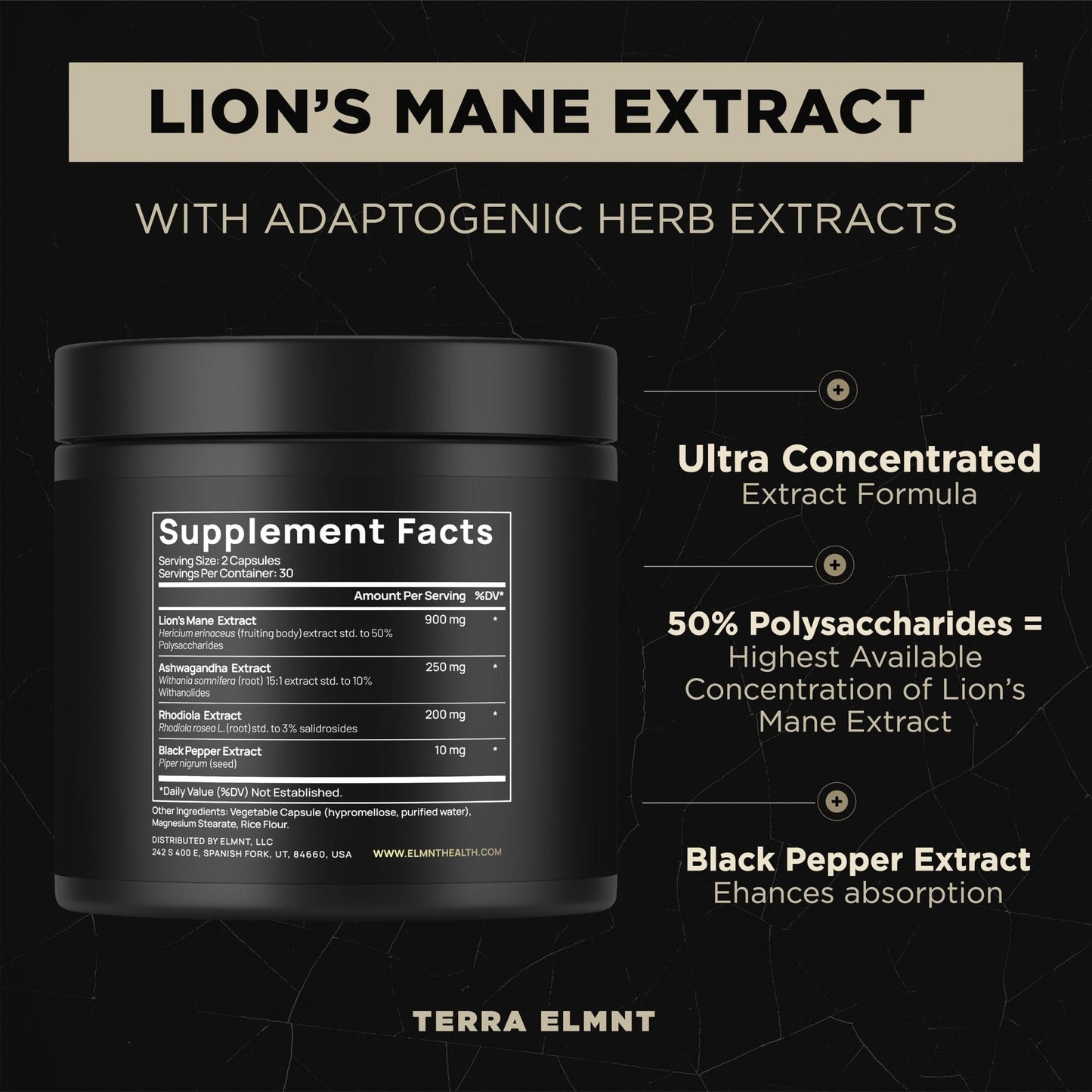 16x Strength Lions Mane Supplement Capsules Super Nootropic w. Ashwagandha & Rhodiola - Highest Potency 16:1 Lion's Mane Mushroom Extract 50% Polysaccharides - Maple Wellness Supplements