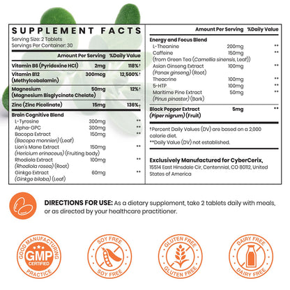 17-in-1 Brain Supplements for Memory and Focus - Formula for Concentration, Clarity, Energy & Focus - Natural Caffeine Blend with Vitamins, Amino Acids & Herbal Extracts - 120 Tablets - Maple Wellness Supplements